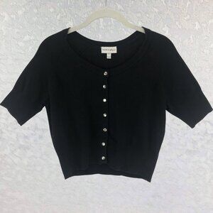 Fashion Bug Black Cropped Button-Down Short Sleeve Cardigan Sweater Size S